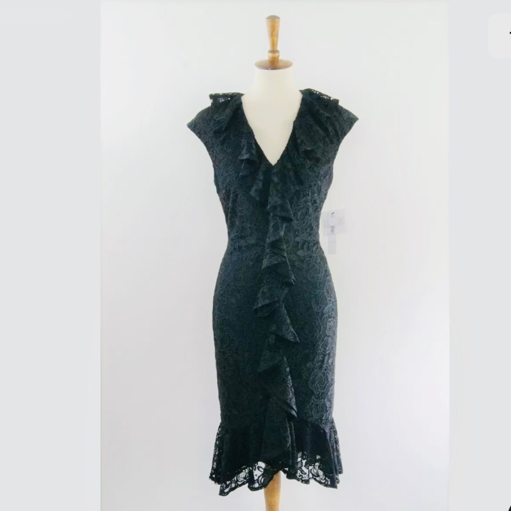New Maggy London Lace Ruffle Cascade Midi Dress 6
